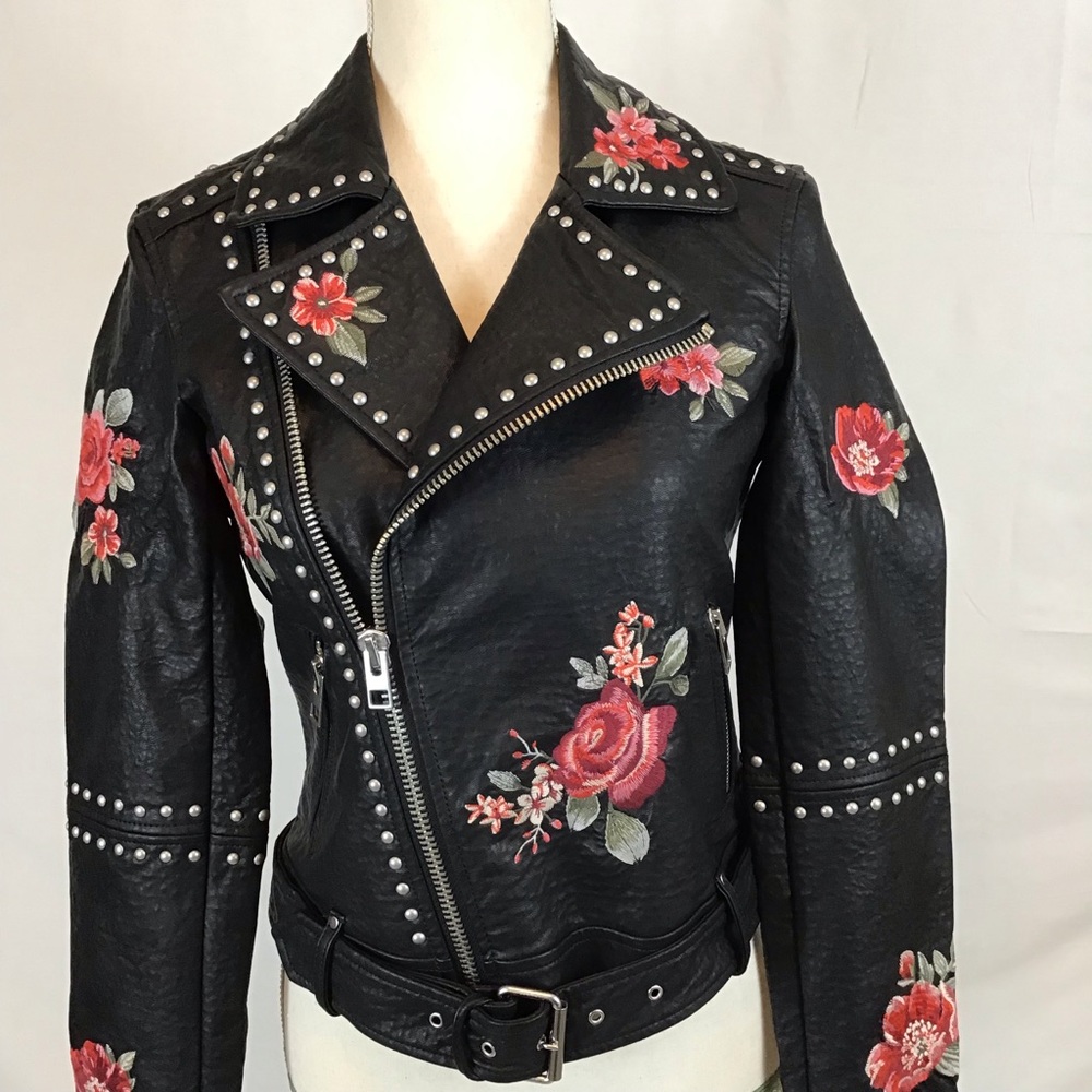 AEO Floral Embroidered Faux Leather Moto Jacket